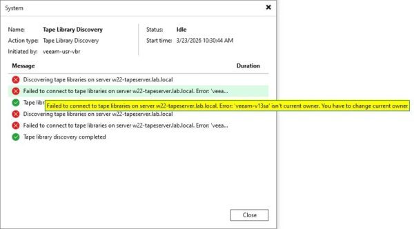 Veeam Tape Library errore "VBR isn't current owner" 2 VBR isn't current owner 2